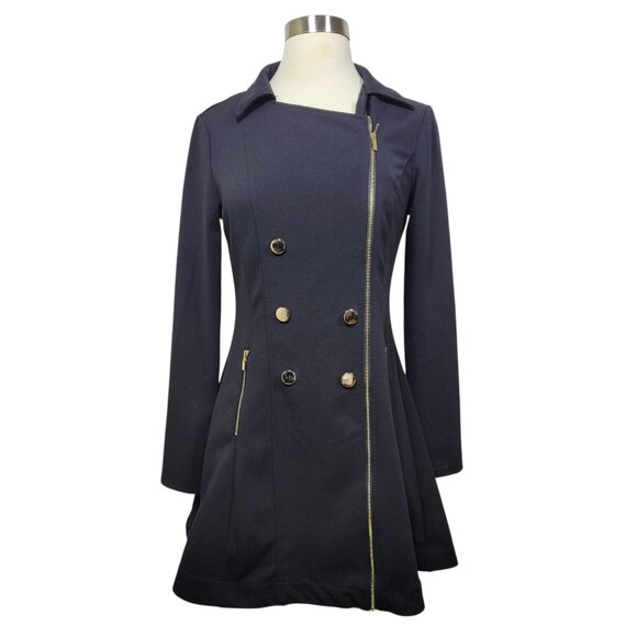 Timing Black Asymmetrical Zip Front Fit & Flare Dress Coat Medium Gold Buttons - Picture 1 of 9
